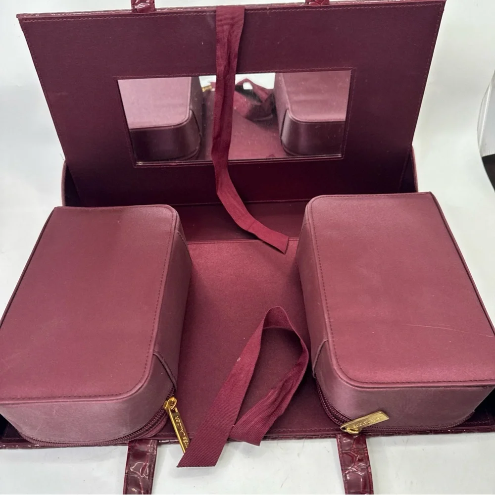 Estee Lauder Makeup Travel Case Vintage Burgundy Hard Cosmetic Bag Tote